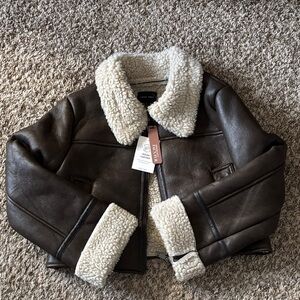 Love Tree Brown Leather Jacket with Cream Accents